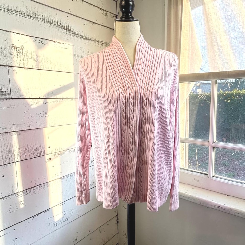 Cardigan Kim Rogers XL Pink 100% Cotton Cable Knit Open Front Shawl Collar